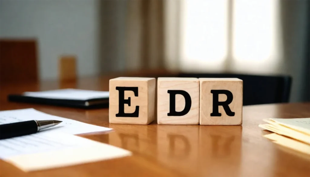 Tre træklodser med bogstaverne "E", "D" og "R" står på et skrivebord. Dette refererer til "Endpoint Detection and Response" (EDR), som er en teknologi inden for cybersikkerhed, der overvåger og reagerer på avancerede trusler på endpoints.