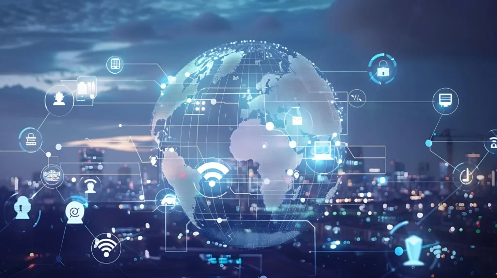 En digital illustration af en globus med indbyrdes forbundne ikoner, der repræsenterer forskellige teknologier og cybersikkerhedselementer, sat mod en baggrund i bybilledet i skumringen.