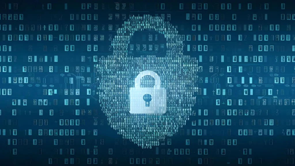 Et digitalt billede af en hængelås dannet af binære tal og symboler, der symboliserer cybersikkerhed og beskyttelse af data. Baggrunden består af en matrix af binære koder, der understreger vigtigheden af at beskytte elektronisk information mod cyberangreb og uautoriseret adgang.
